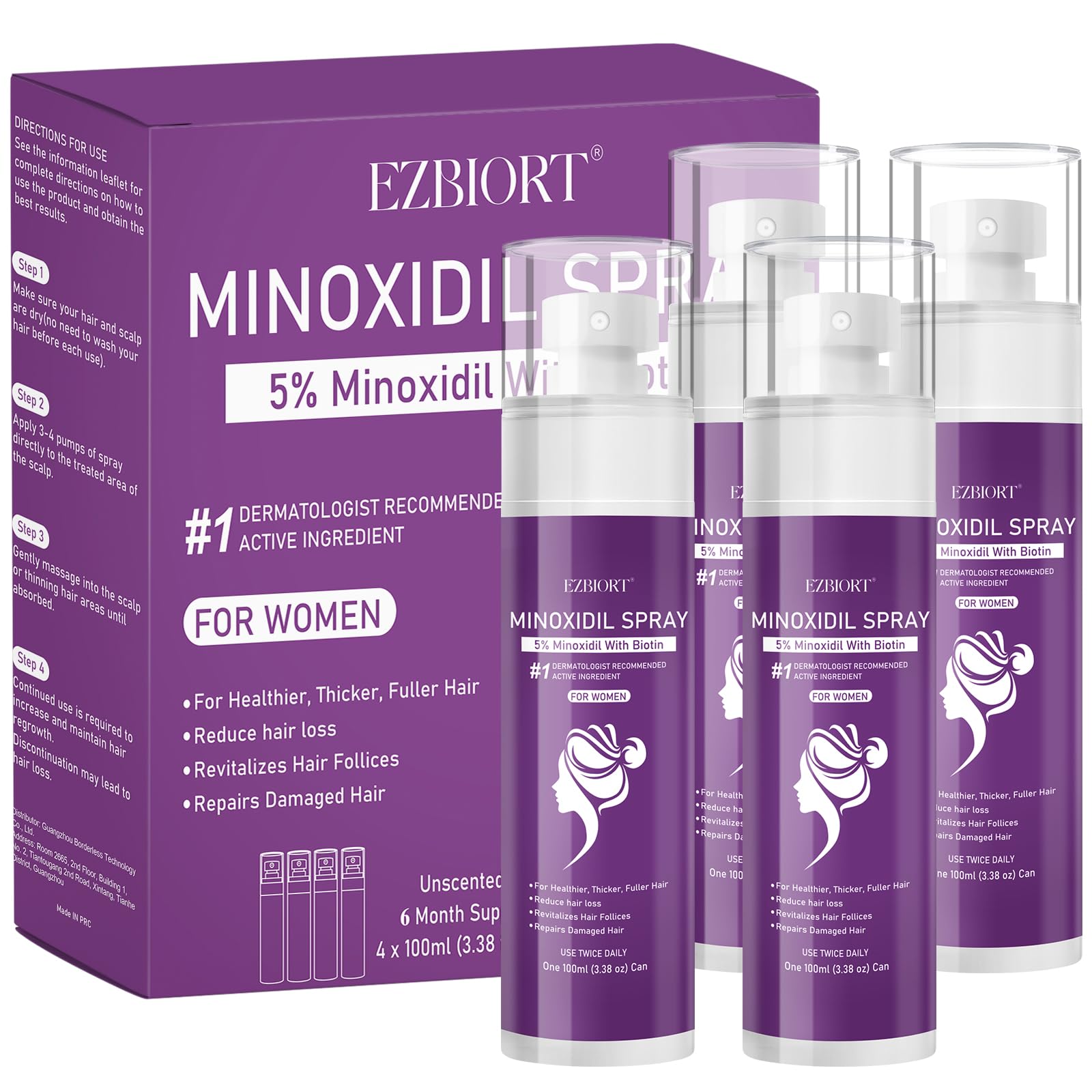 EZBIORT 5% Minoxidil Spray for Women – 4‑Pack, Biotin-Infused Hair Regrowth, 13oz (7 Month Supply)