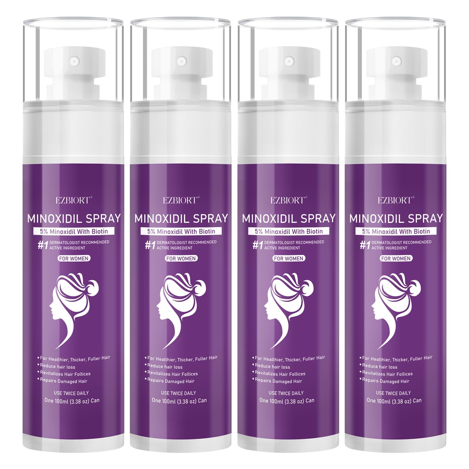 EZBIORT 5% Minoxidil Spray for Women – 4‑Pack, Biotin-Infused Hair Regrowth, 13oz (7 Month Supply)