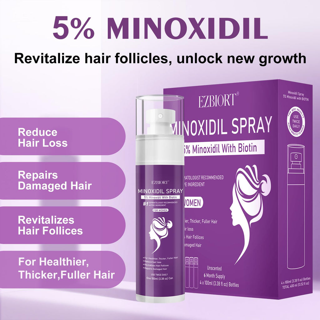 EZBIORT 5% Minoxidil Spray for Women – 4‑Pack, Biotin-Infused Hair Regrowth, 13oz (7 Month Supply)