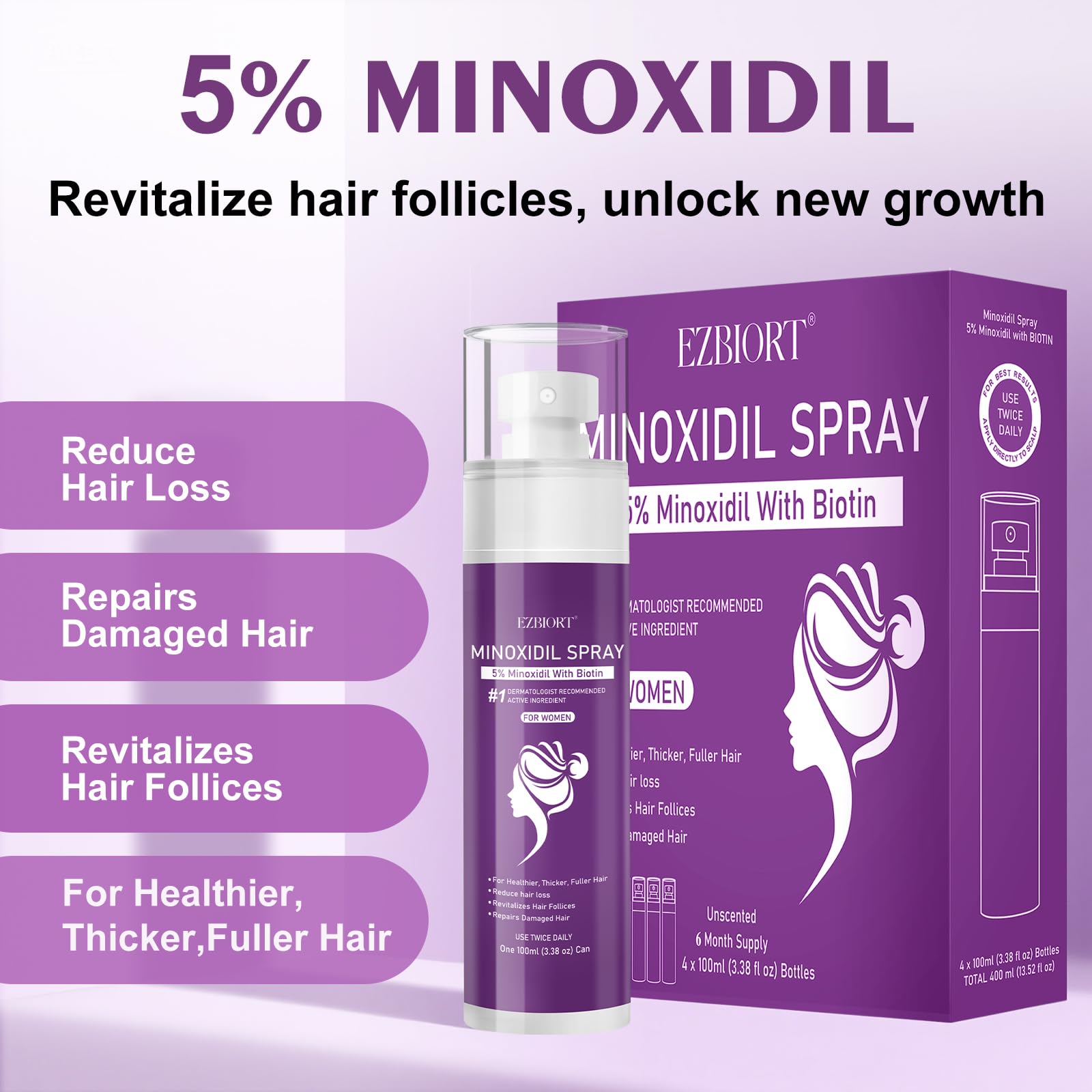 EZBIORT 5% Minoxidil Spray for Women – 4‑Pack, Biotin-Infused Hair Regrowth, 13oz (7 Month Supply)