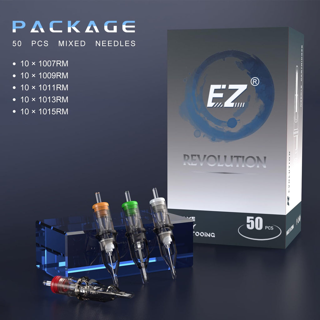 EZ Tattoo Cartridge Needles Assorted 50Pcs Mixed (7RM–15RM) Bugpin Round/Curved Magnum | EZTAT2