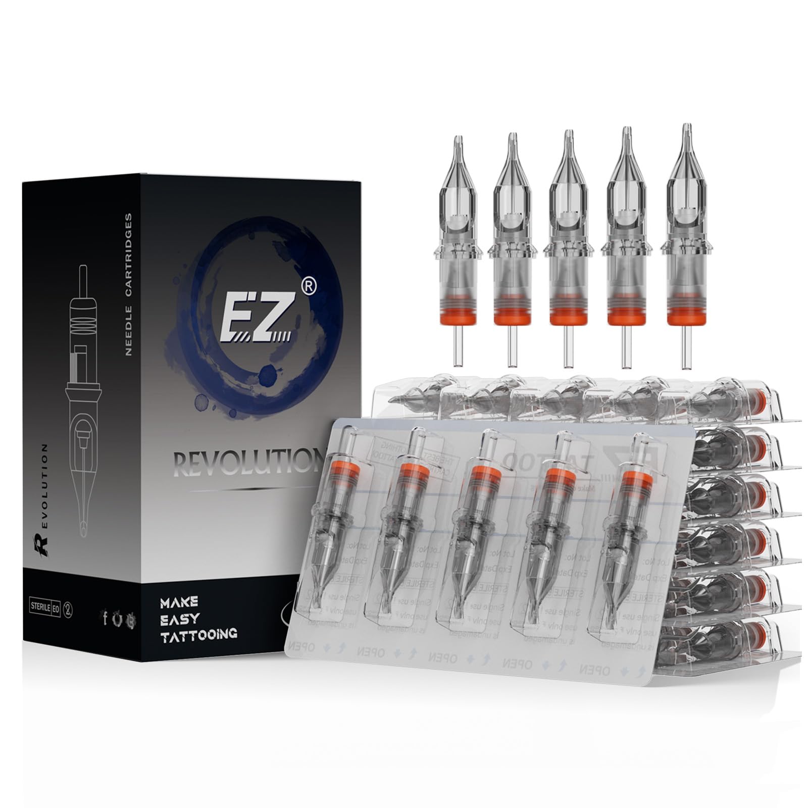 EZTAT2 EZ Tattoo Cartridge Needles – 50Pcs #12 (7RS) with Safety Membrane
