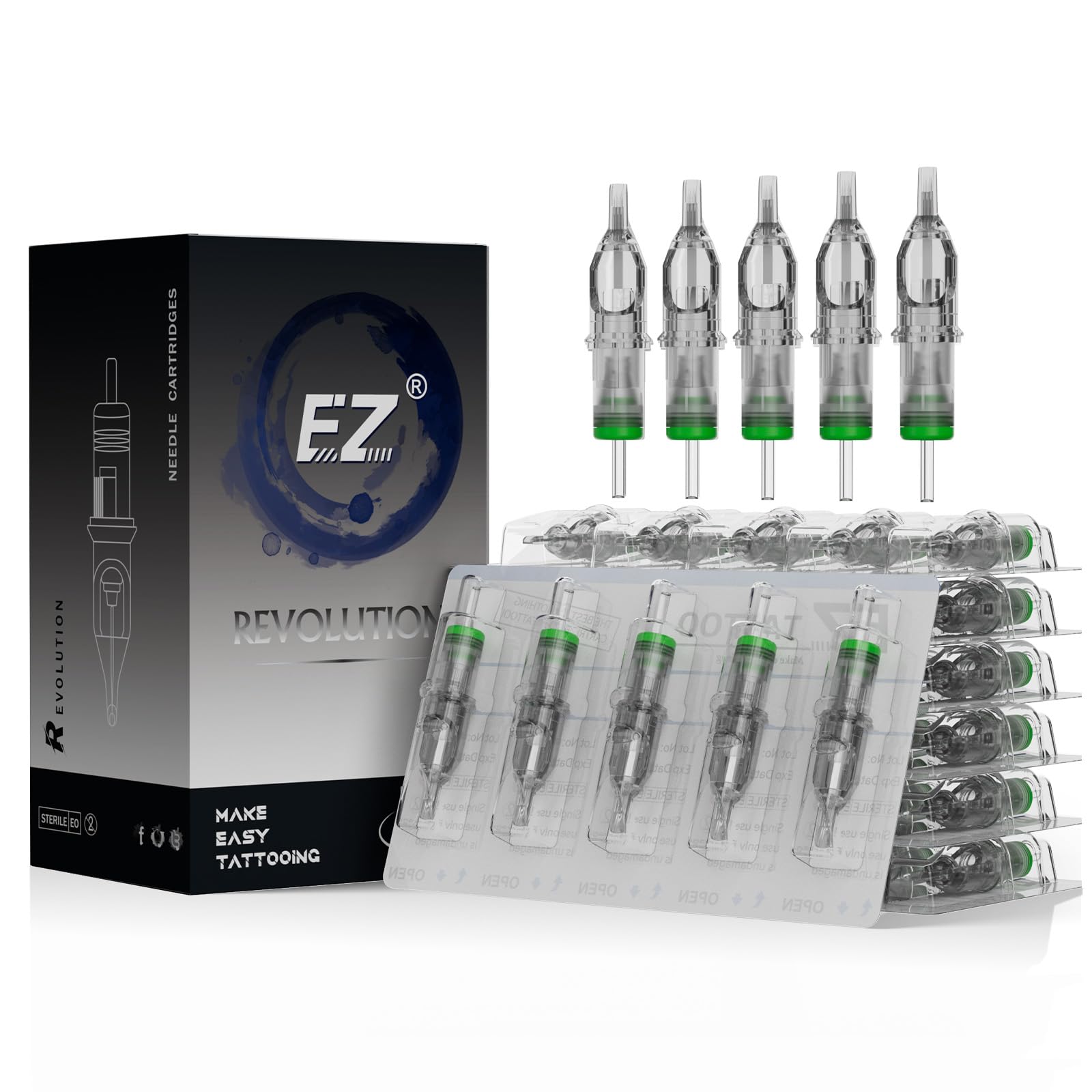 EZTAT2 EZ Tattoo Cartridge Needles 50Pcs #12 (7M1) - Revolution with Safety Membrane