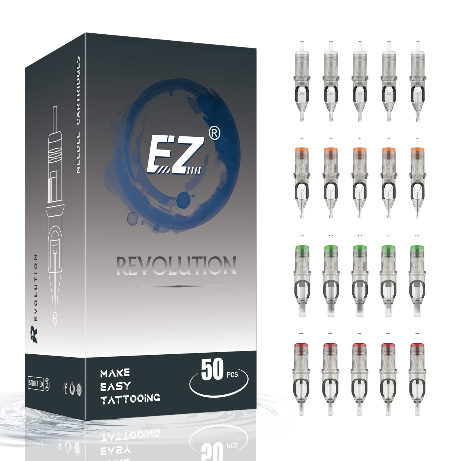 EZ Tattoo Cartridge Needles Assorted 50Pcs Mixed (3RL 7RL 7RS 7M1 9RM) - EZTAT2