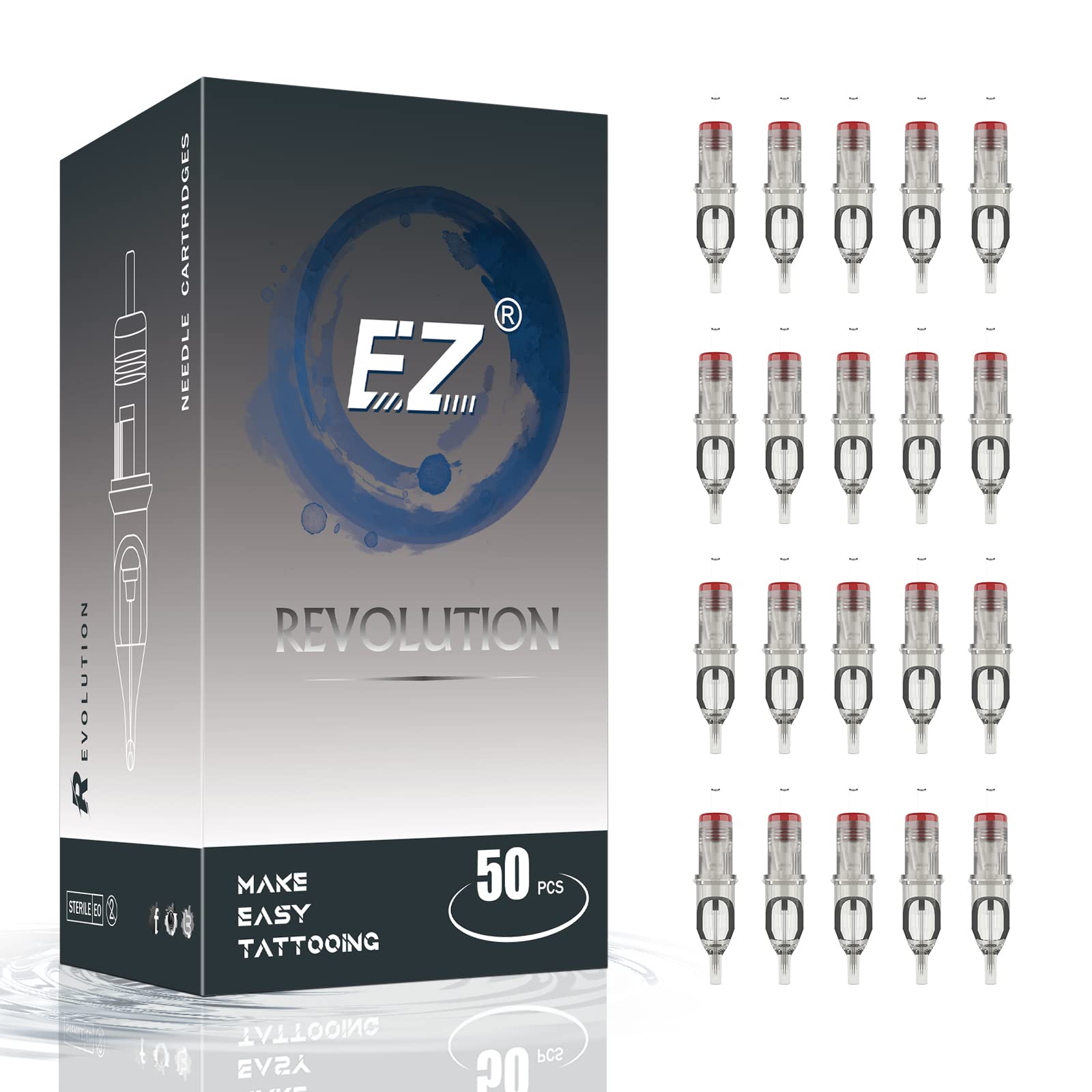 EZ Tattoo Cartridge Needles Assorted 50Pcs Mix #12 (7RM-15RM) Standard Round/Curved Magnum - EZTAT2
