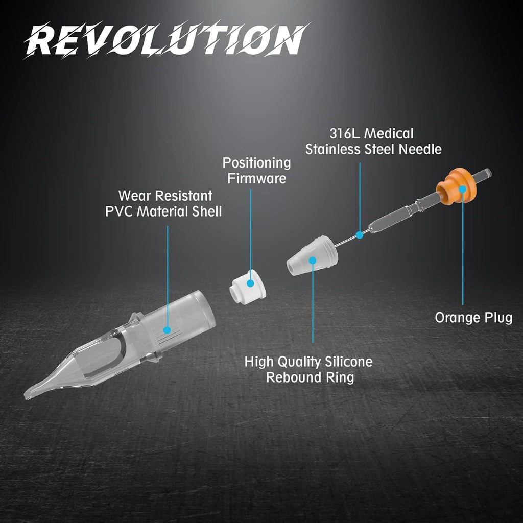 EZTat2 Revolution Cartridge Needles #12 (11RS) – 50Pcs, Standard Round Shader with Membrane