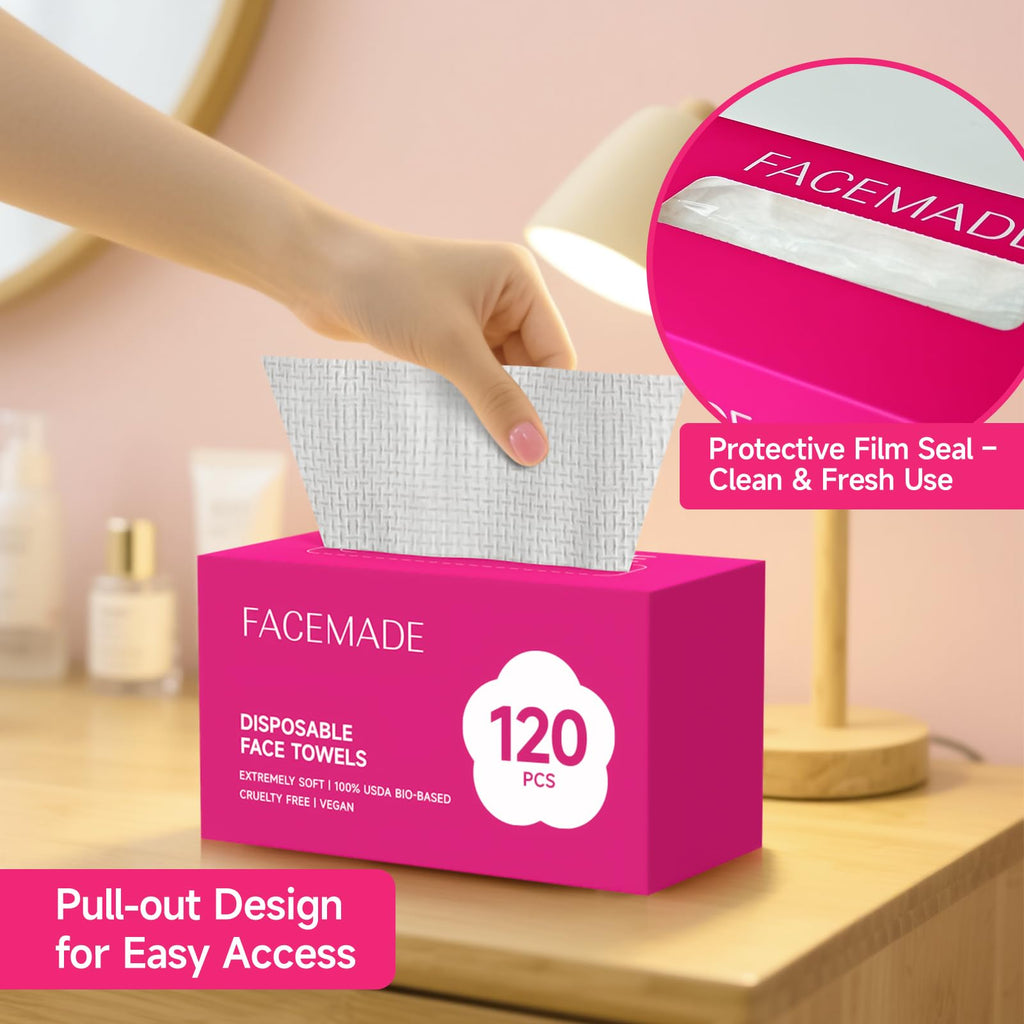 FACEMADE 240 Count Disposable Face Towels – 2-Pack, 100% Biobased, Ultra-Soft & Thick