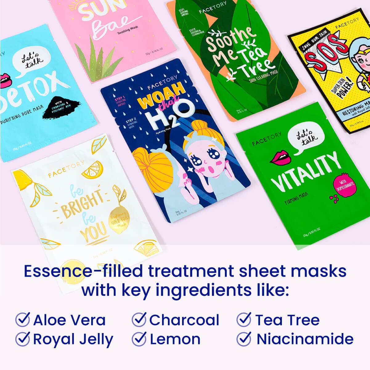 FACETORY Best of 7 Collection Sheet Masks | Hydrating Korean Face Mask Set