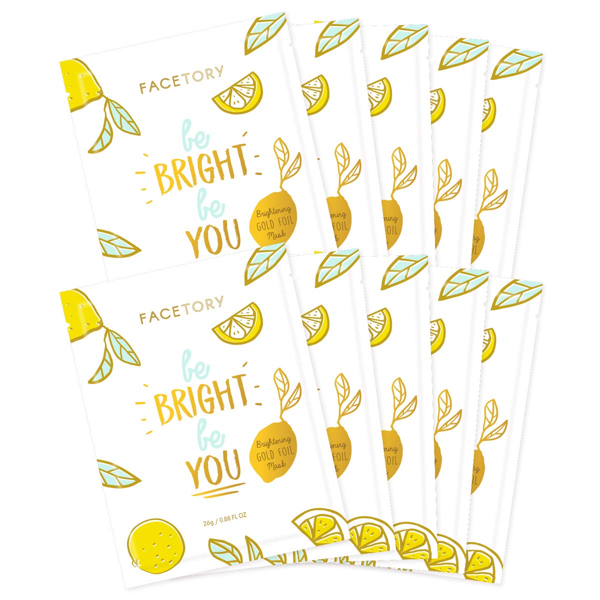 FACETORY Be Bright Be You Brightening Sheet Mask with Gold Foil & Lemon – 10 Pack