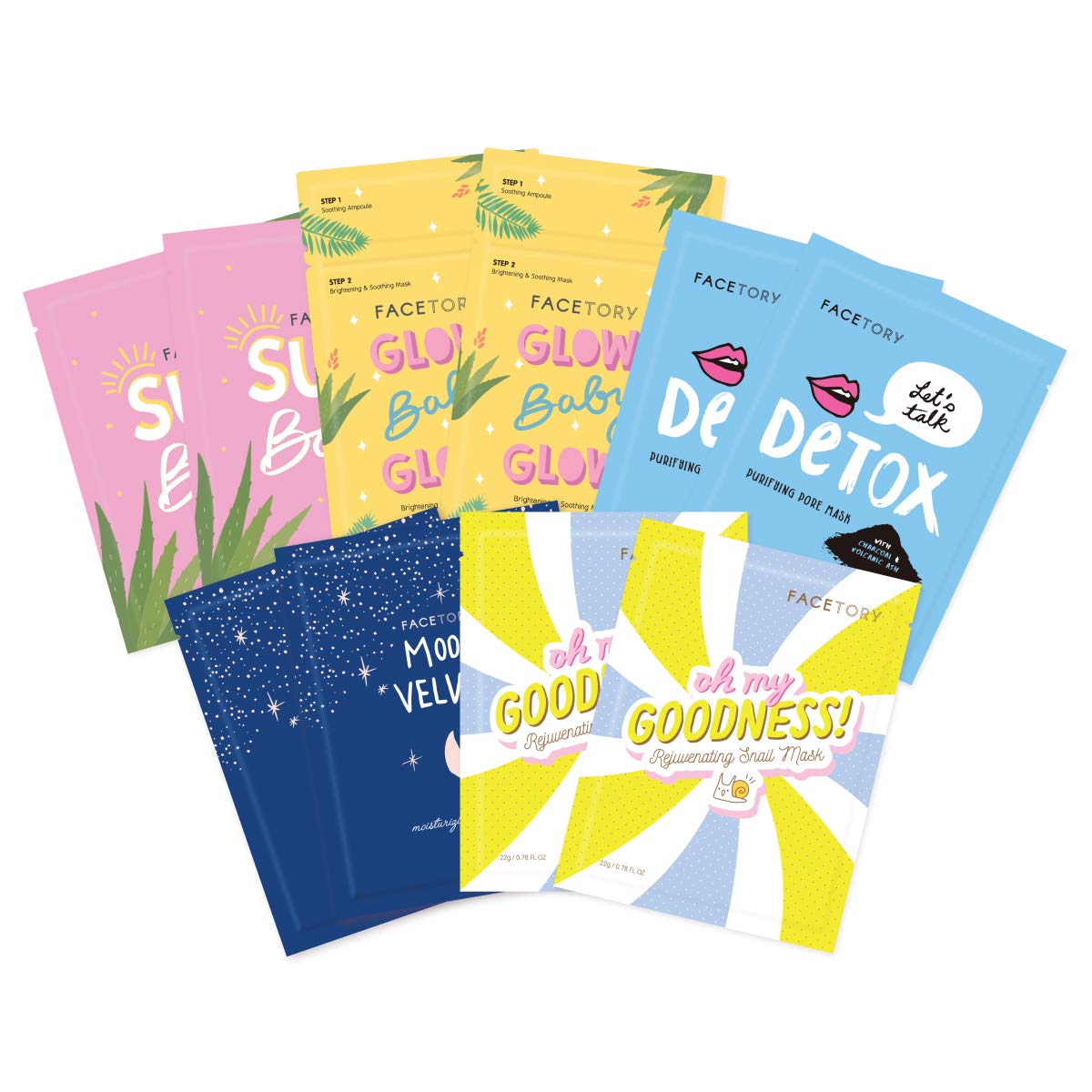 FACETORY Collection Facial Mask Set – Hydrating, Purifying, Soothing & Revitalizing (10 pcs)