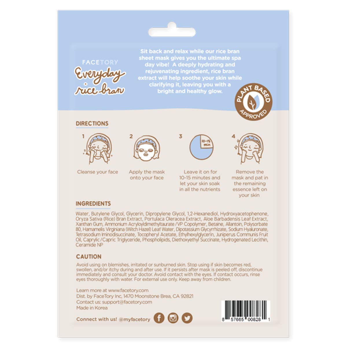 FACETORY Everyday Rice Bran Sheet Mask – Plant-Based K-Beauty Face Mask (10 Pack)