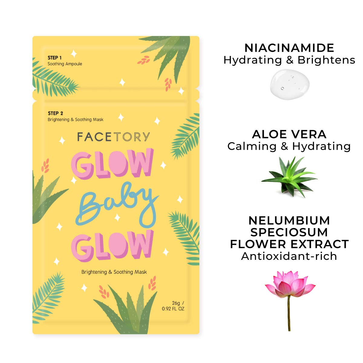 FACETORY Glow Baby Glow 2-Step Sheet Mask with Niacinamide & Aloe – Hydrating 5 Pack