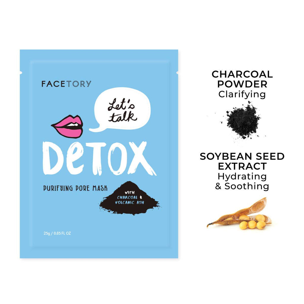 FACETORY LET'S TALK DETOX Purifying Charcoal Sheet Mask – Pore Refining Charcoal Mask (10 Pack)