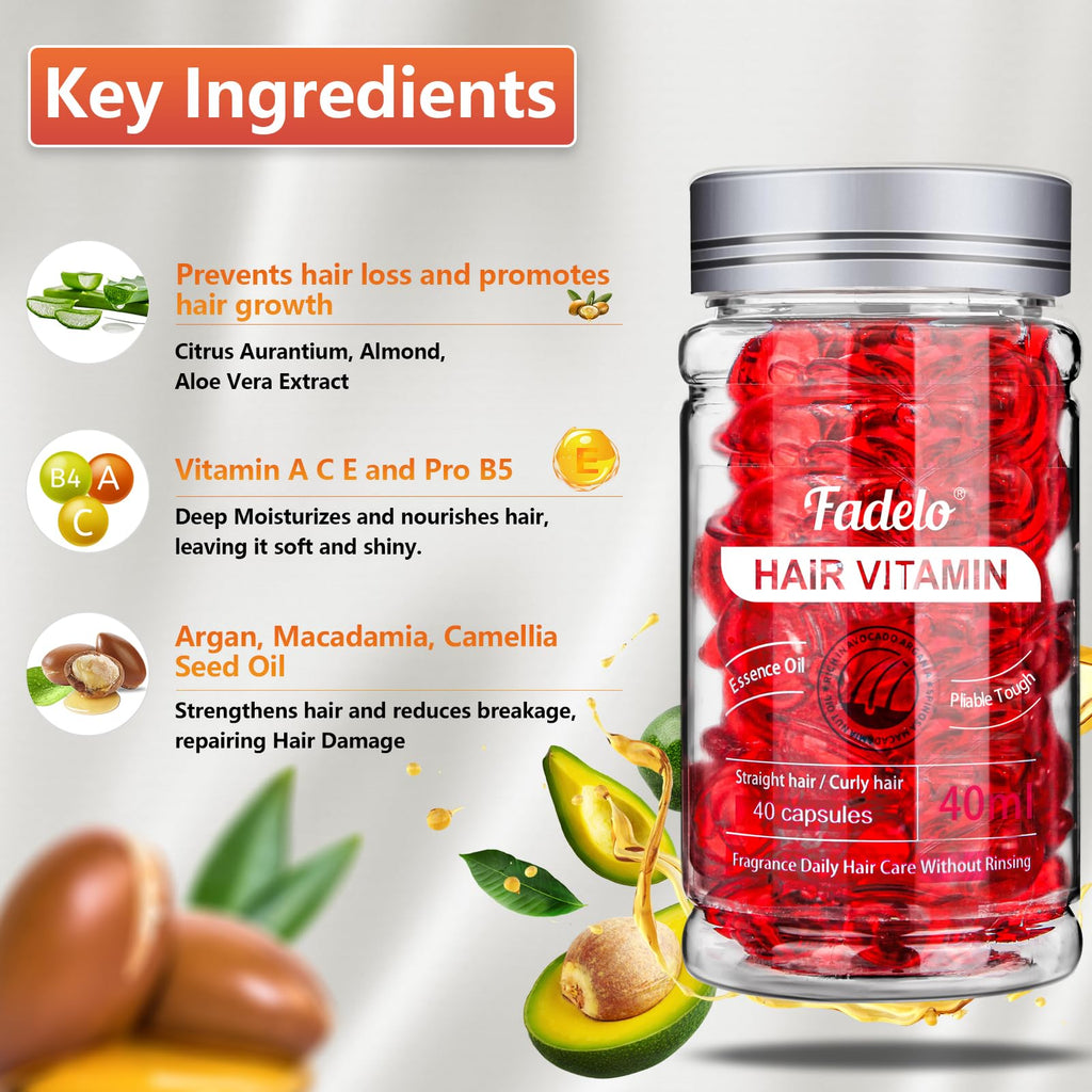 Fadelo Hair Treatment – Frizz & Damage Control with Vitamins A, C, E, B5 + Argan, Macadamia & Avocado Oils | 40 Capsules