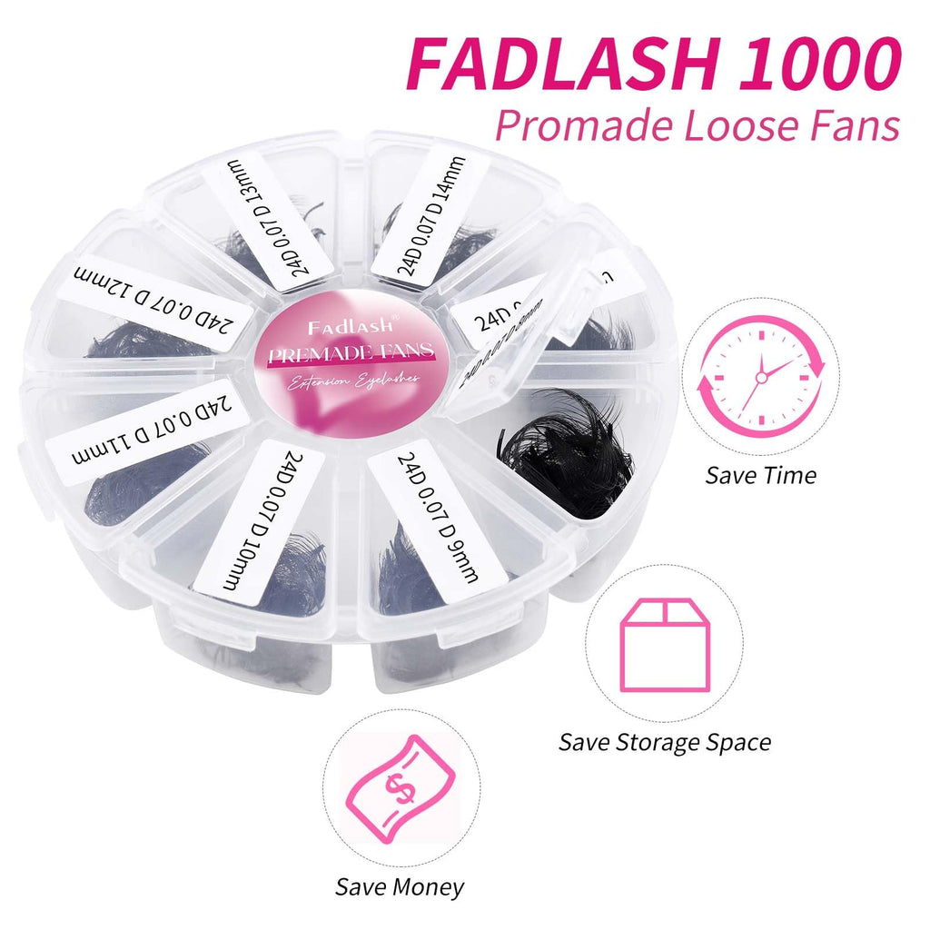 FADLASH 1000 Fans Premade Volume Extensions – 24D D Curl, Thin Base, Premium Premade Fans