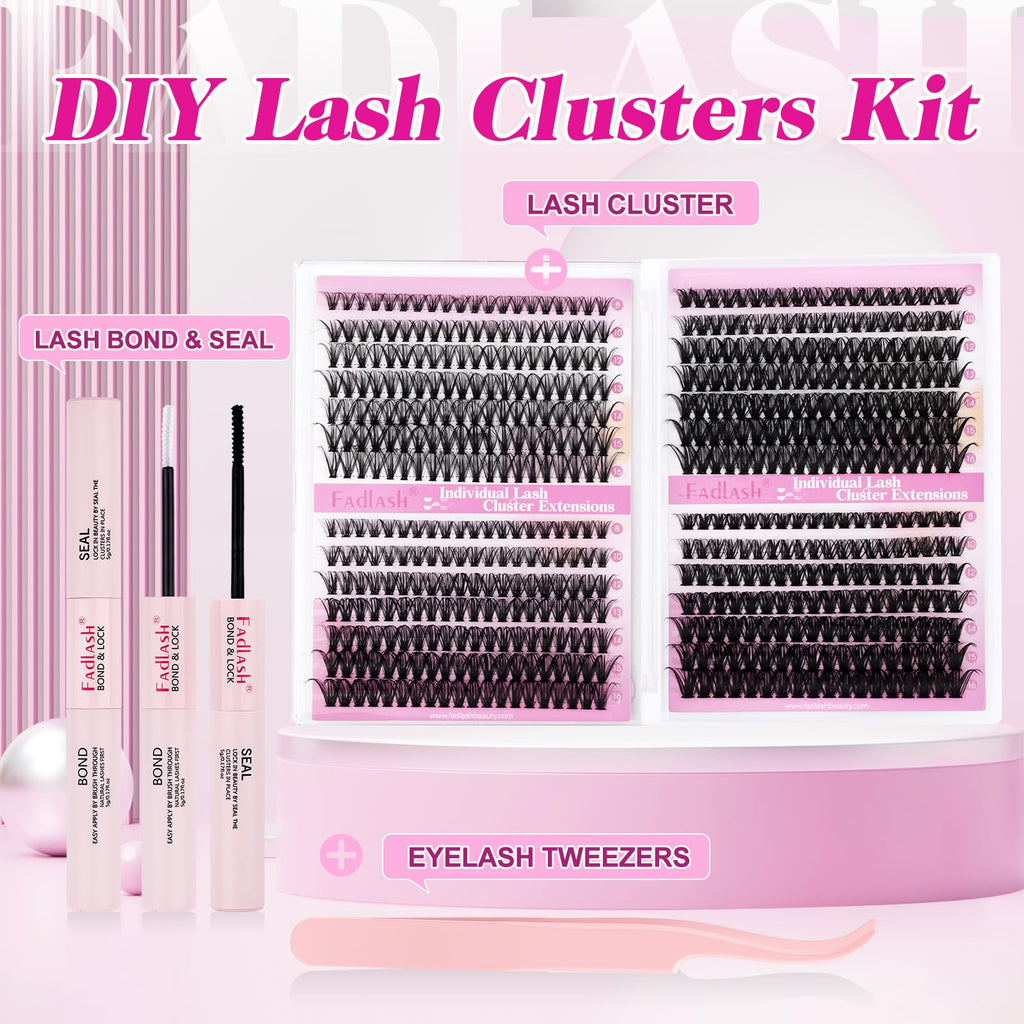 FADLASH Lash Clusters Kit 560Pcs | 8-16mm D-Curl DIY Extensions with Bond & Seal