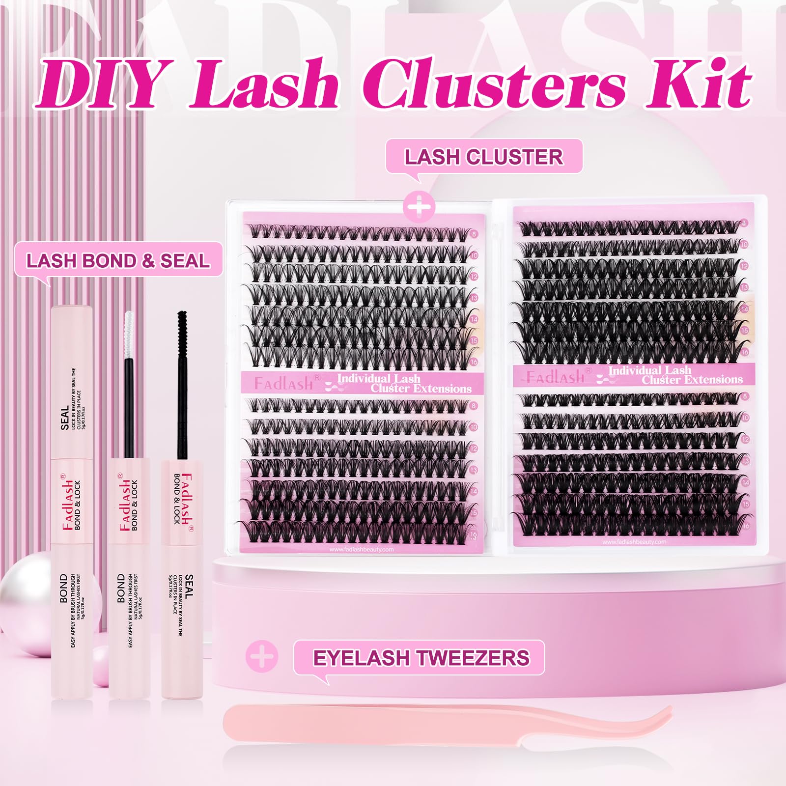 FADLASH Lash Clusters Kit 560Pcs | 8-16mm D-Curl DIY Extensions with Bond & Seal