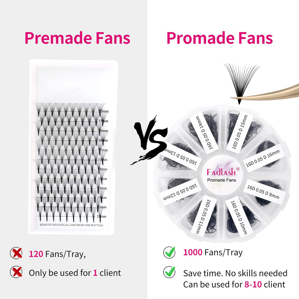 FADLASH Premade Fans 1000ct Mix – D Curl Promades, 16D-0.05D, 9-16mm