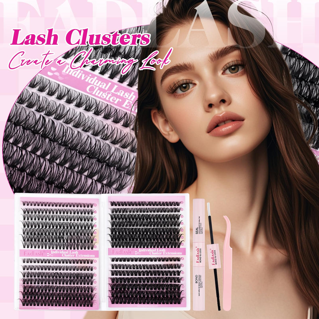 FADLASH Lash Clusters Kit 560Pcs | 8-16mm D-Curl DIY Extensions with Bond & Seal
