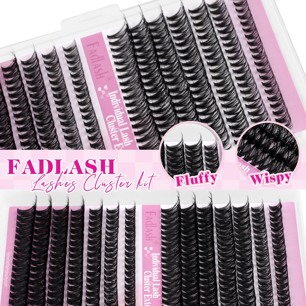 FADLASH Lash Clusters Kit 560Pcs | 8-16mm D-Curl DIY Extensions with Bond & Seal
