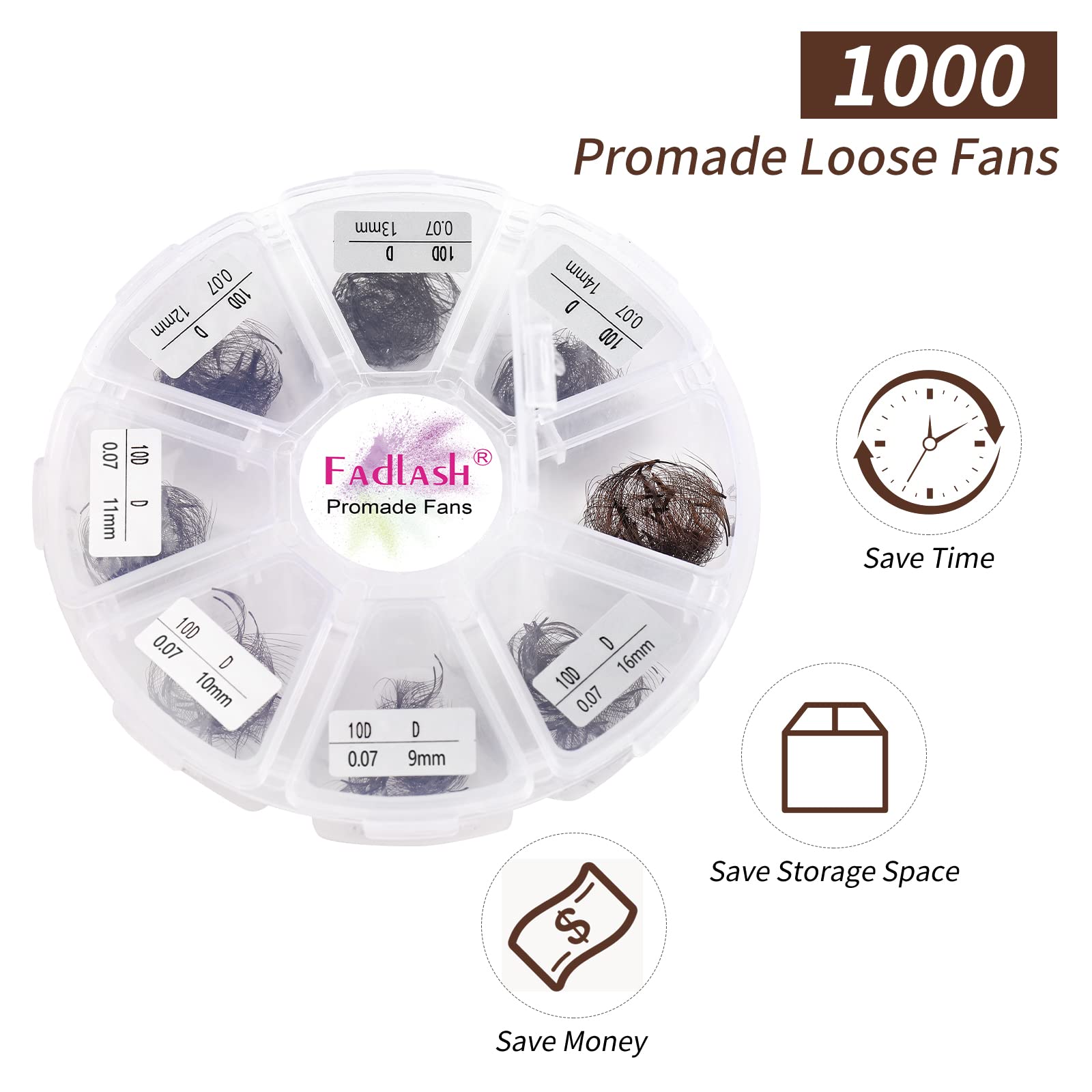 FADLASH Colored Lash Extensions 10D Premade Fans – 1000pcs Brown Mix (7D-16mm)