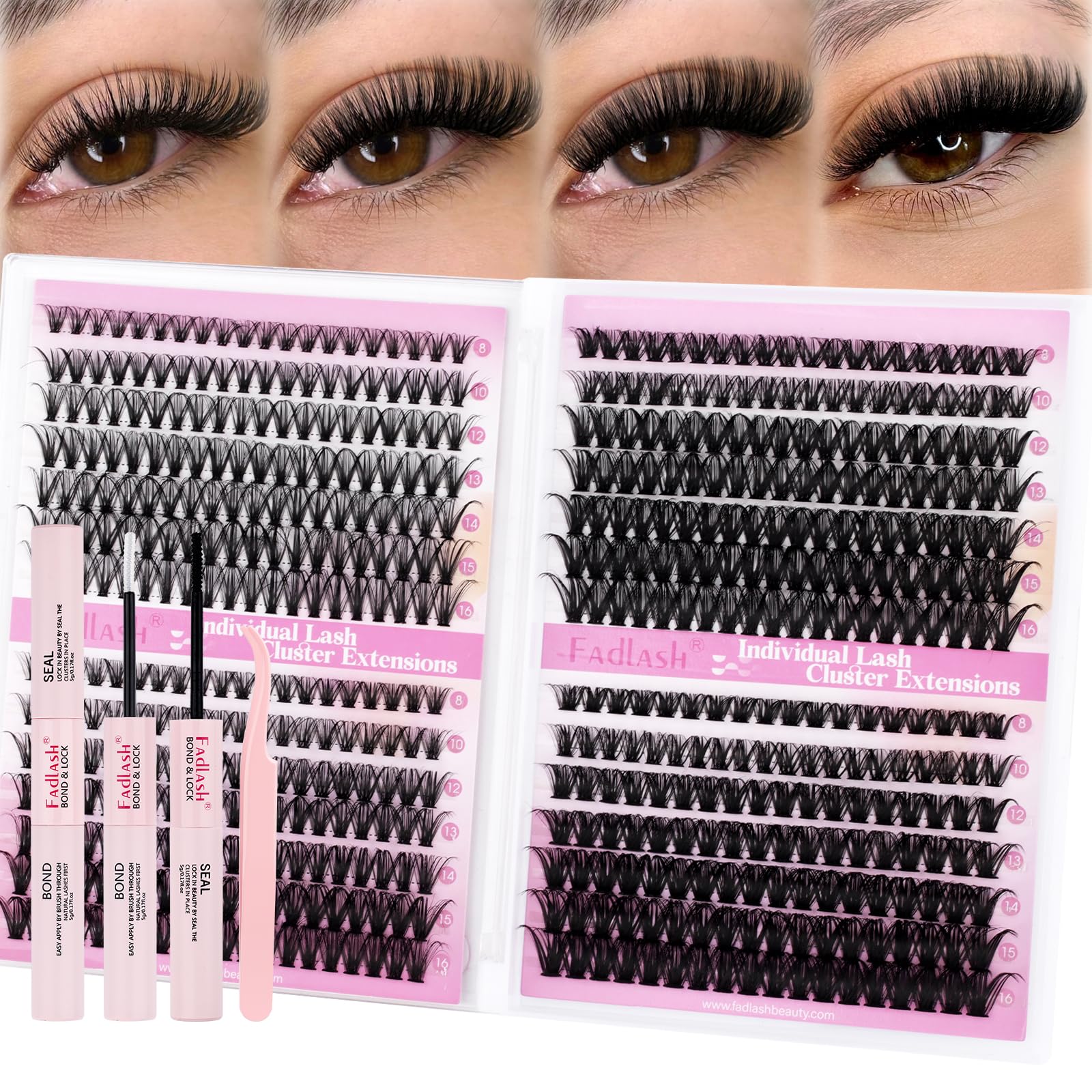 FADLASH Lash Clusters Kit 560Pcs | 8-16mm D-Curl DIY Extensions with Bond & Seal