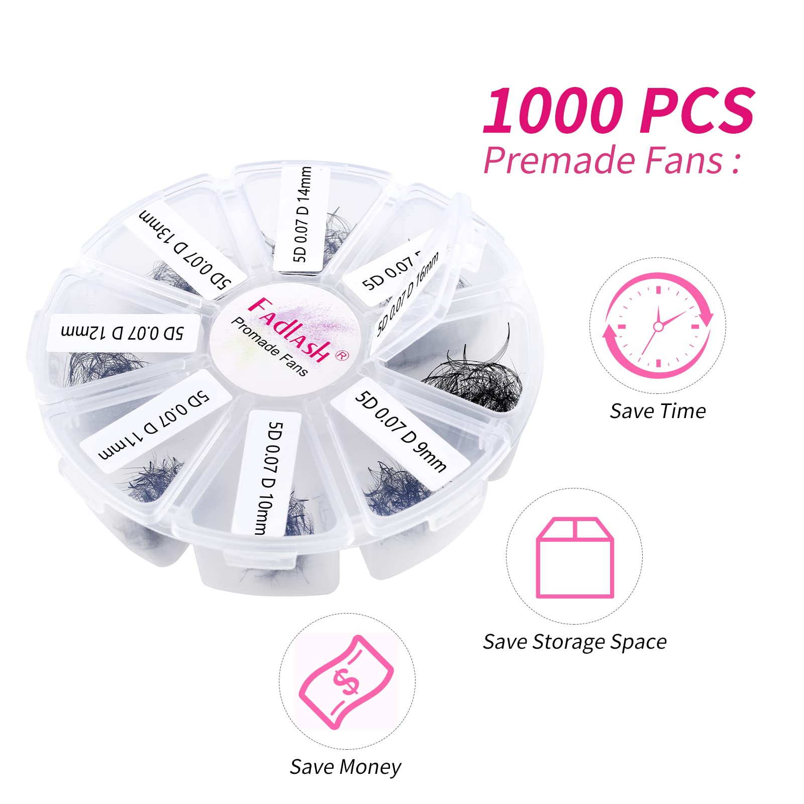 FADLASH Volume Premade Lash Fans 1000pcs — 5D-16D, 9-16mm Mixed Tray