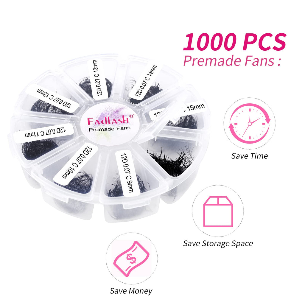 FADLASH Volume Lash Extensions – Premade Fans 1000pcs | 5D-16D, 9–20mm Mixed Tray