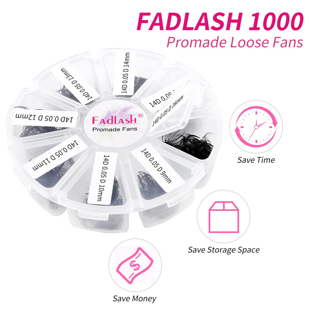 FADLASH Lash Extension Premade Fans 1000pcs – D Curl 14D-0-05D, 9-16mm Mixed Pack