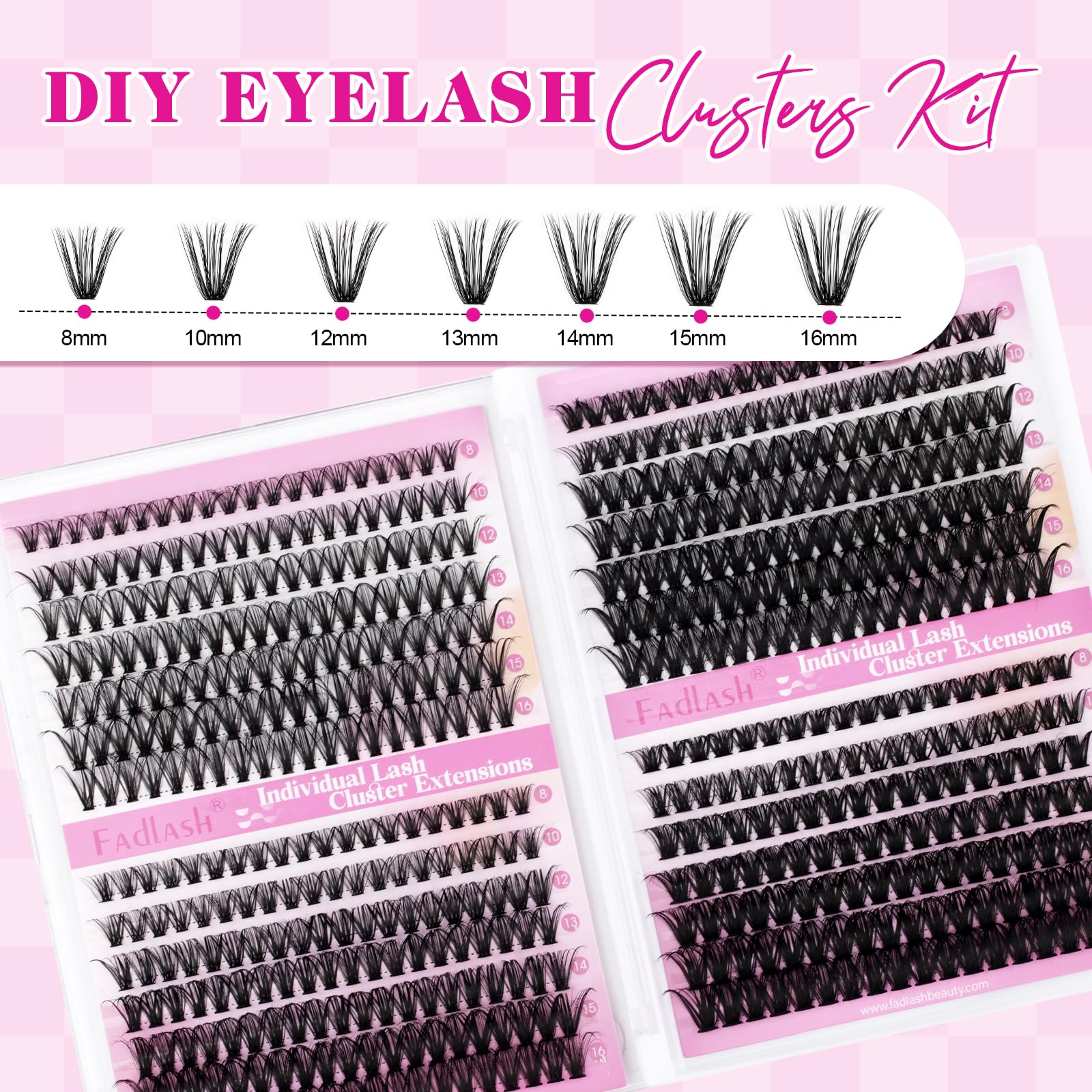 FADLASH Lash Clusters Kit 560Pcs | 8-16mm D-Curl DIY Extensions with Bond & Seal