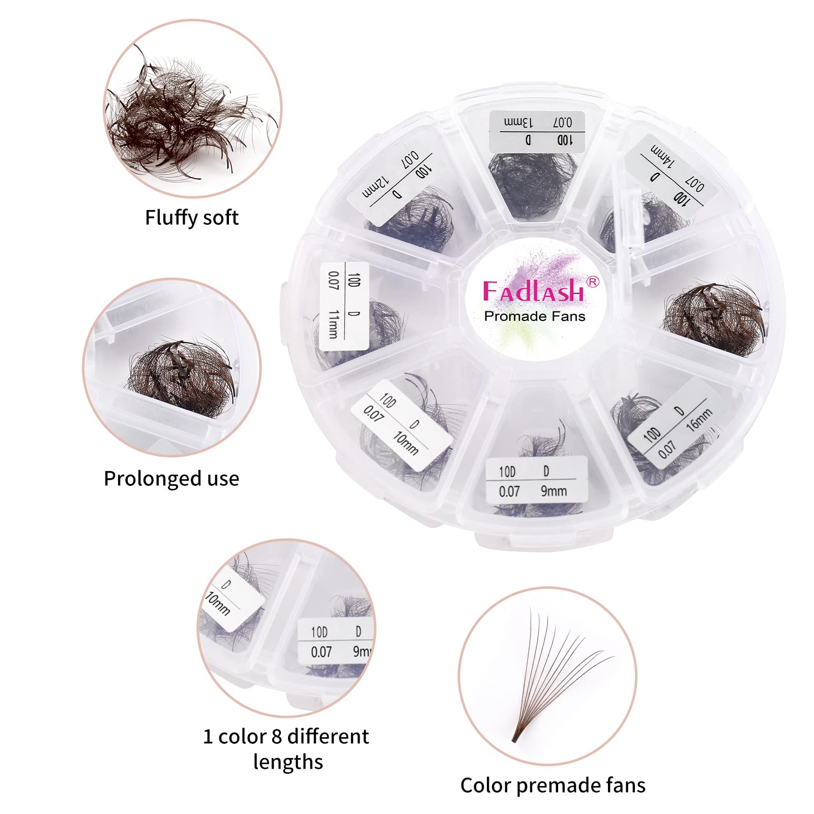 FADLASH Colored Lash Extensions 10D Premade Fans – 1000pcs Brown Mix (7D-16mm)