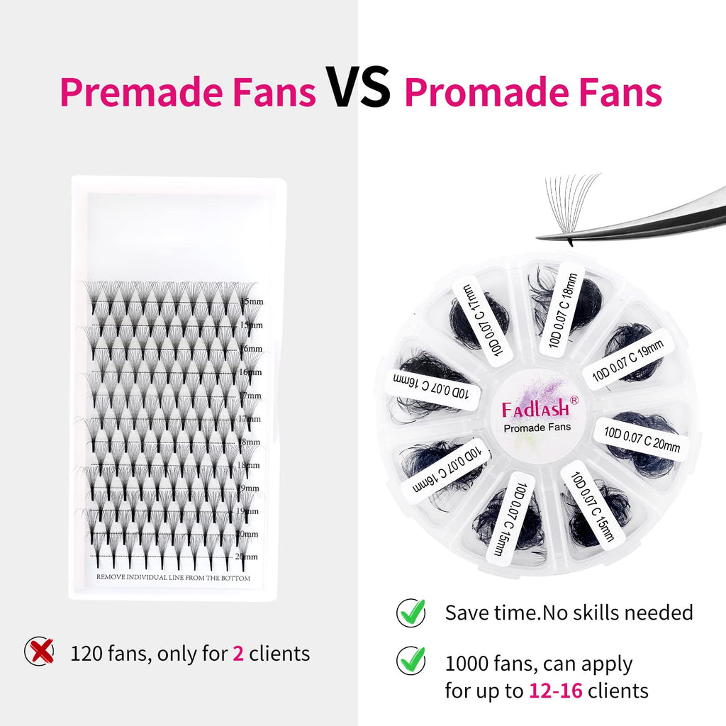 FADLASH Premade Lash Fans Mixed Tray – 1000 Loose Fans, 10D-0.07C, 15-20mm