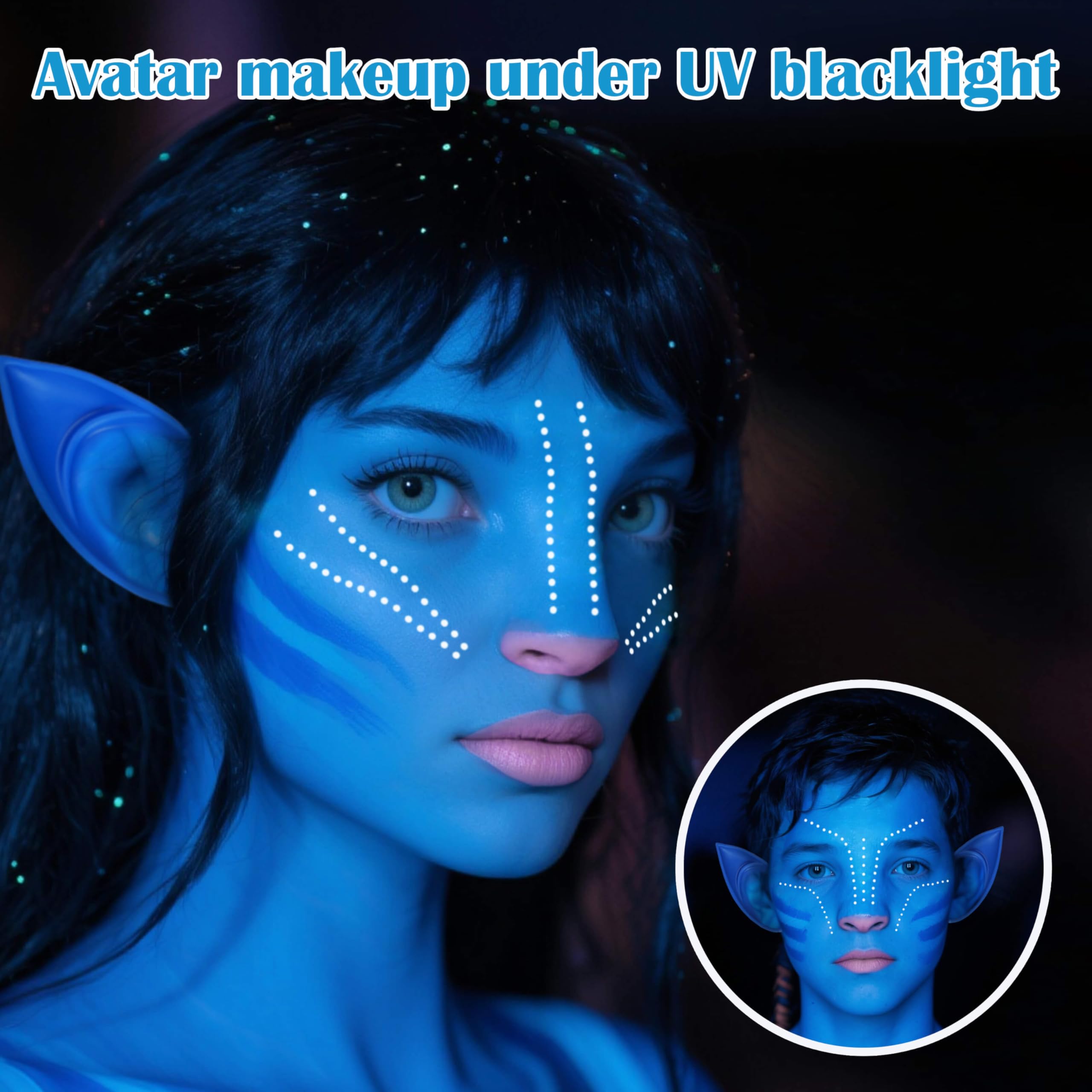 Faglowmify Avatar Makeup Kit — 8-Piece Na’vi Cosplay Set with Blue/White Paint, UV Eyeliner & Elf Ears