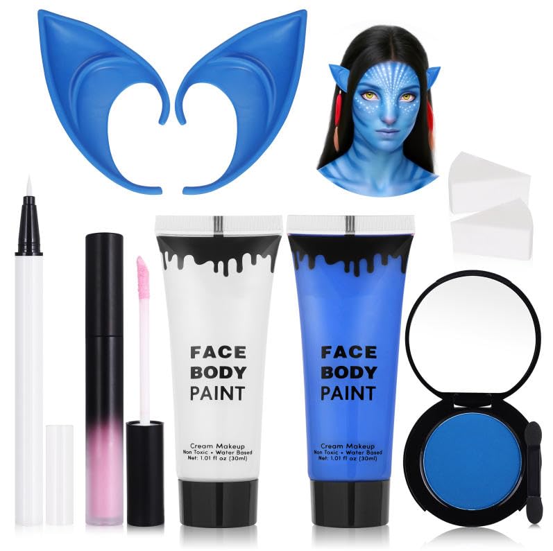 Faglowmify Avatar Makeup Kit — 8-Piece Na’vi Cosplay Set with Blue/White Paint, UV Eyeliner & Elf Ears