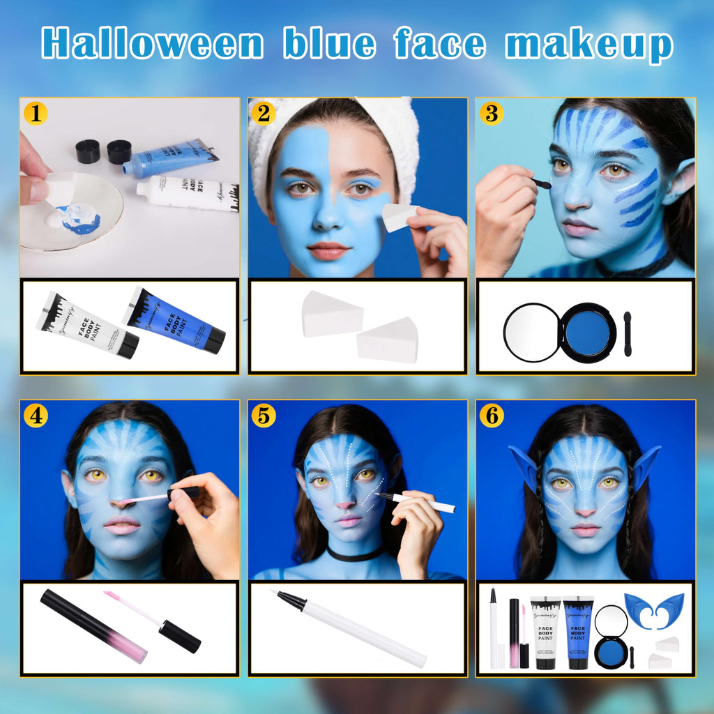 Faglowmify Avatar Makeup Kit — 8-Piece Na’vi Cosplay Set with Blue/White Paint, UV Eyeliner & Elf Ears