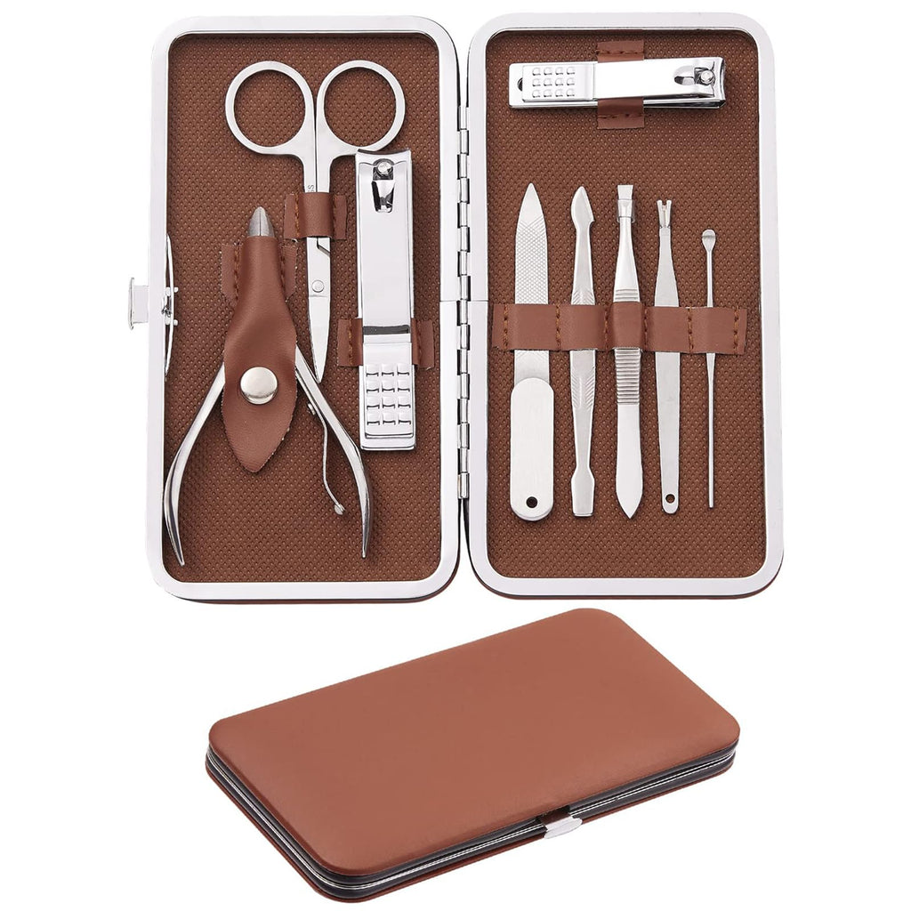 FAMILIFE 9-Piece Manicure Set for Men | Stainless Steel Nail Kit with Leather Case