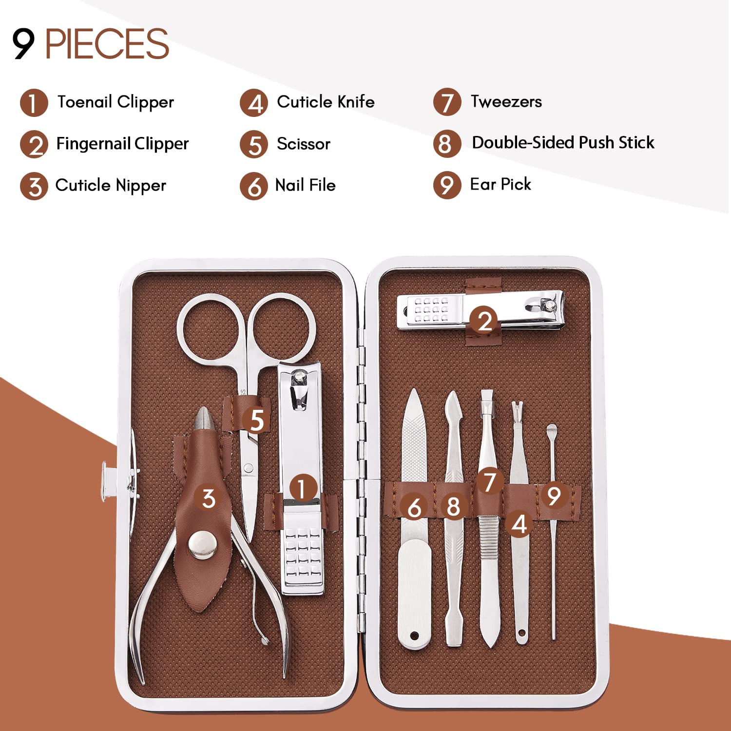 FAMILIFE 9-Piece Manicure Set for Men | Stainless Steel Nail Kit with Leather Case