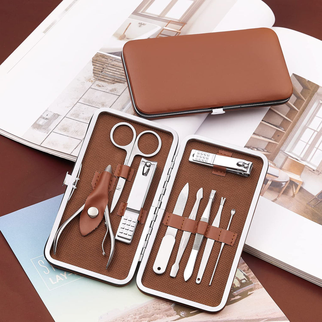 FAMILIFE 9-Piece Manicure Set for Men | Stainless Steel Nail Kit with Leather Case