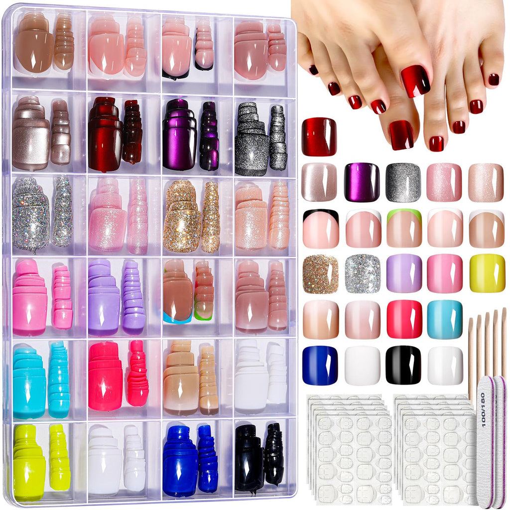FANDAMEI Press On Toenails – 24 Colors, Short Square, French Tips, Cat Eye, Ombre & Glossy Finishes