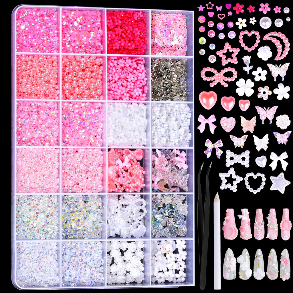 Fandamei 24-Grid Flat Back Pearls & Rhinestones Kit for Nail Art & Crafts