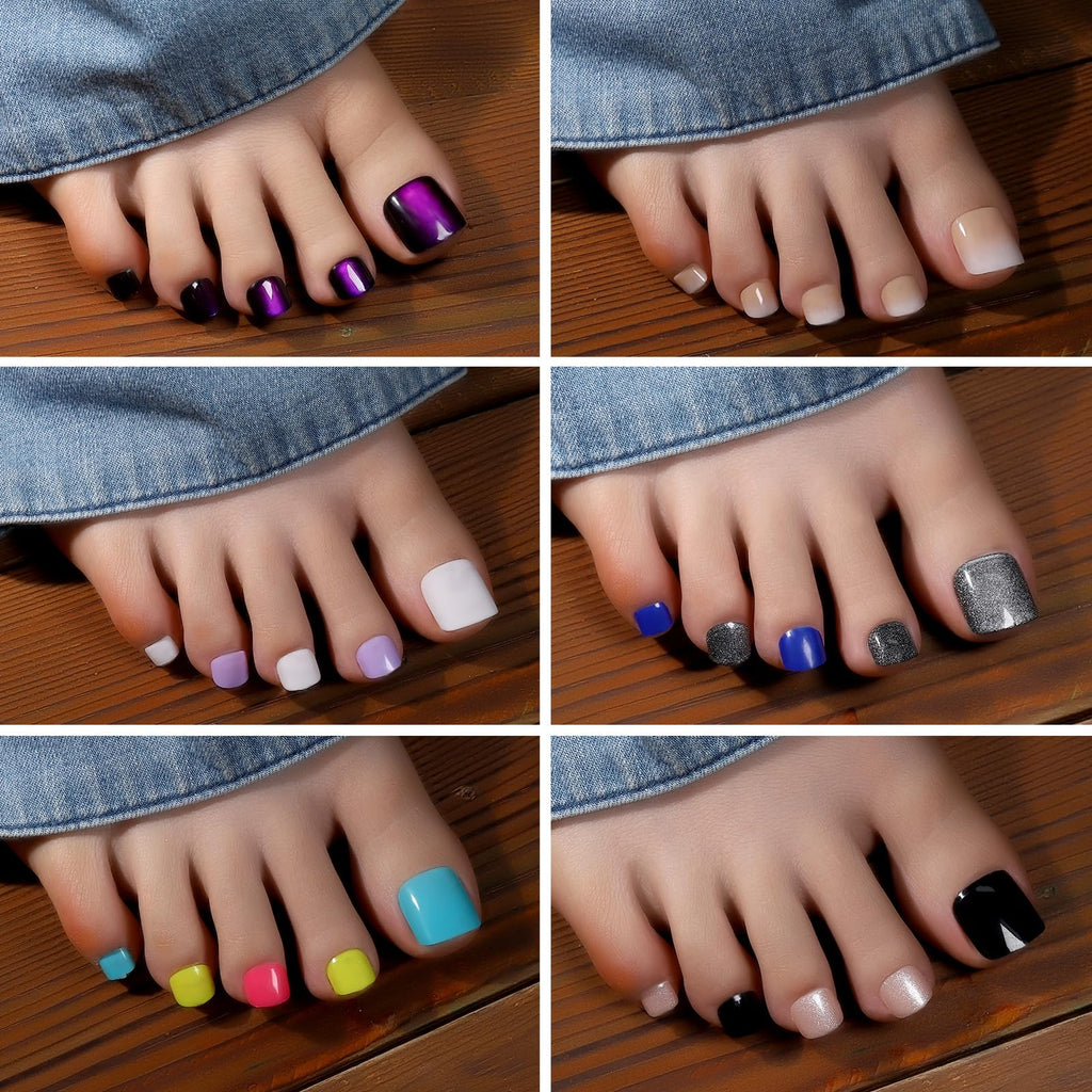FANDAMEI Press On Toenails – 24 Colors, Short Square, French Tips, Cat Eye, Ombre & Glossy Finishes
