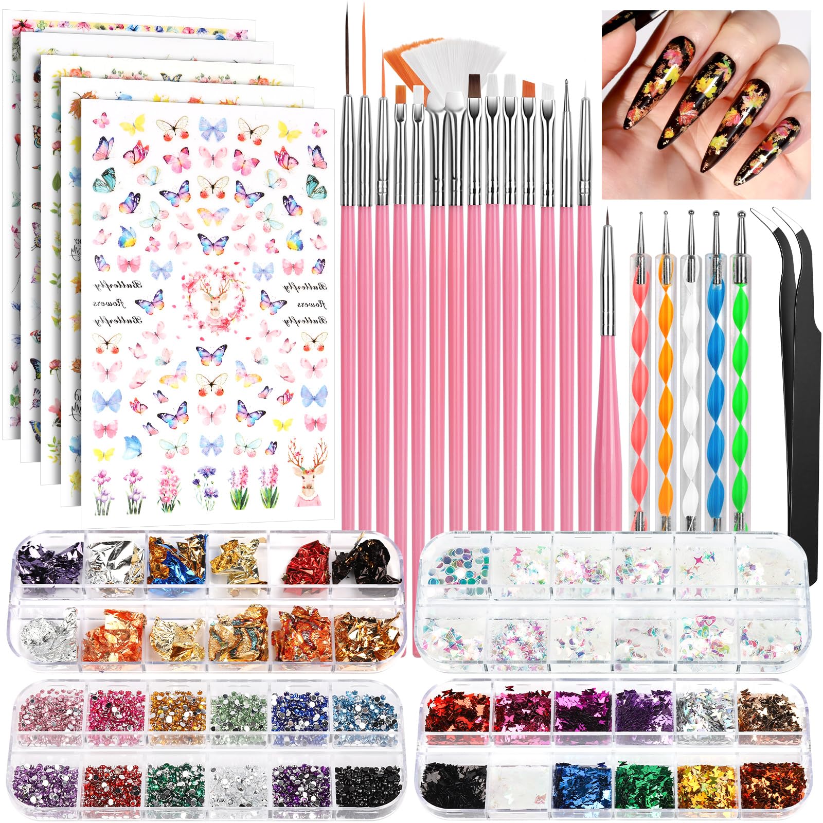 FANDAMEI Nail Art Brushes Set | Complete Nail Design Kit with Dotting Pens, Rhinestones & Sequins