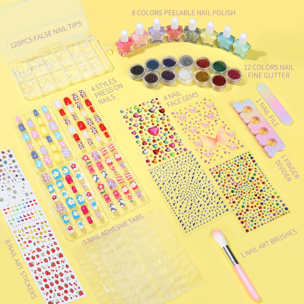 FANDAMEI Nail Kit for Girls – Press-On Nails, Polish, Stickers & Glitter Art Set