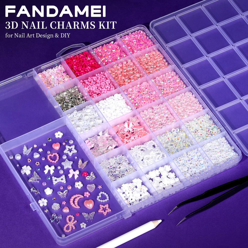Fandamei 24-Grid Flat Back Pearls & Rhinestones Kit for Nail Art & Crafts