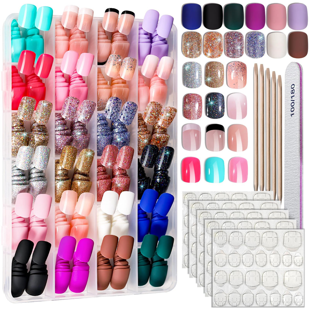 FANDAMEI Press On Nails – 24 Colors, 576 PCS, Short Square, Matte & Glitter