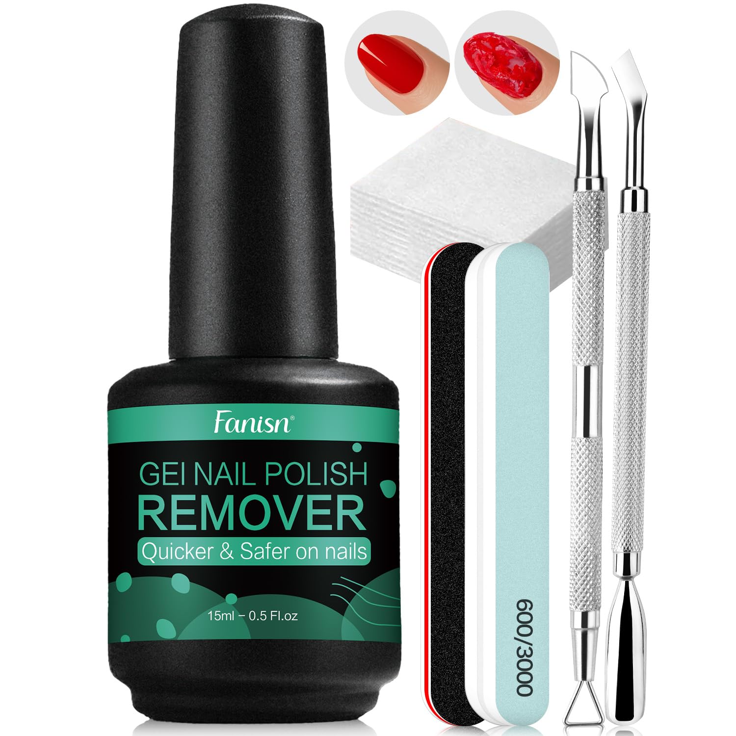 Fanisn Gel Nail Polish Remover Kit – No Soak, 15ml, 2-5 Min Removal, Includes Cuticle Pusher & Nail File