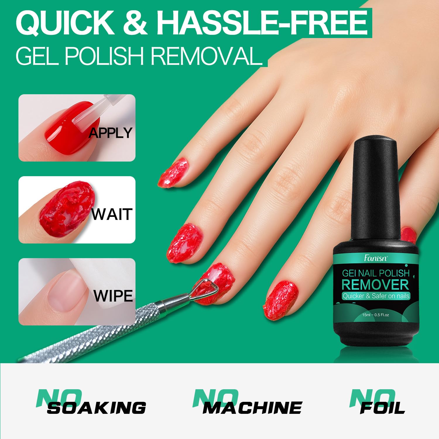 Fanisn Gel Nail Polish Remover 2x15ml – No Foil No Soak, Acetone-Free, 3-5 Min Express Removal