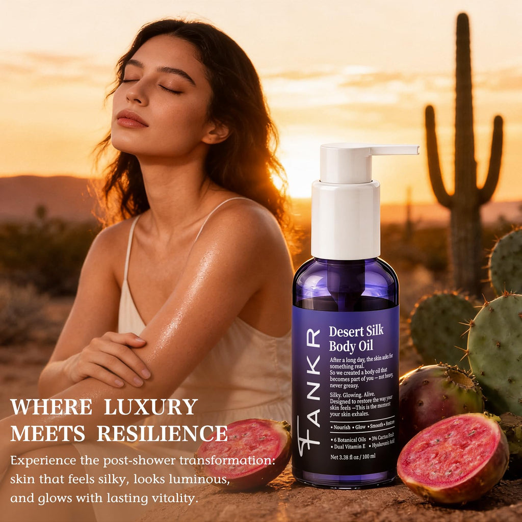 Fankr Desert Silk Body Oil – Instant Absorption, 72H Glow, 3% Cactus Fruit & 6 Botanical Oils, 3.38 fl oz