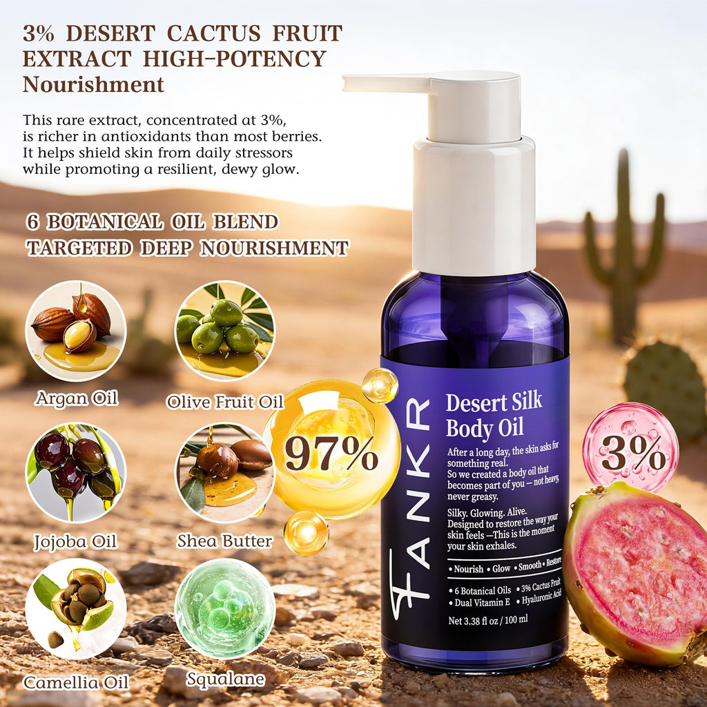 Fankr Desert Silk Body Oil – Instant Absorption, 72H Glow, 3% Cactus Fruit & 6 Botanical Oils, 3.38 fl oz
