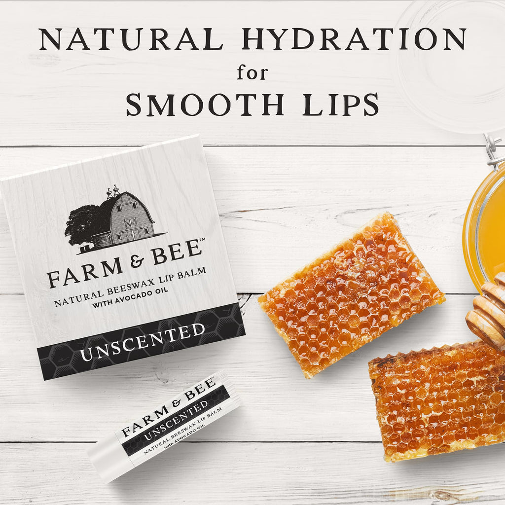 Farm & Bee Natural Lip Balm – Organic Beeswax-Based, Unscented (Pack of 4)